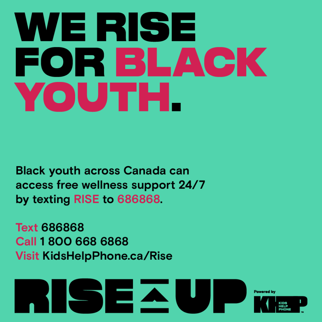 Kids Help Phone social card with contact info titled "We Rise for Black Youth"