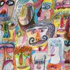 Abstract multi-coloured drawing of various faces and expressions