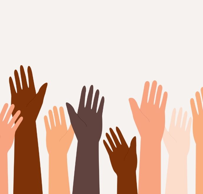 10 hands of various skin tones raised up