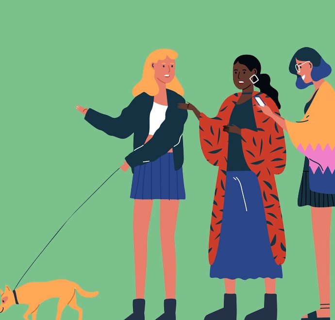 illustration teen friends walking dog